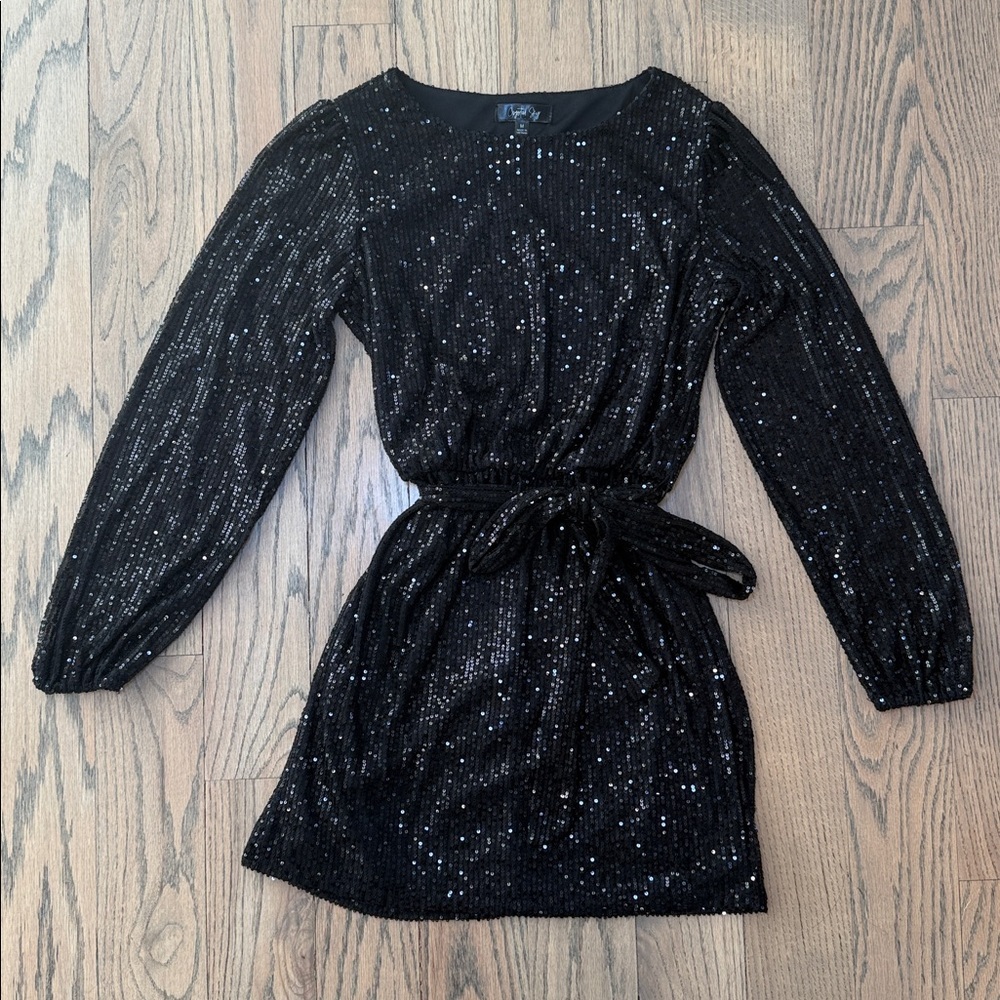 Crystal Sky Women’s Sequin Black Long Sleeve Dress with Belt Size Medium - Picture 2 of 12